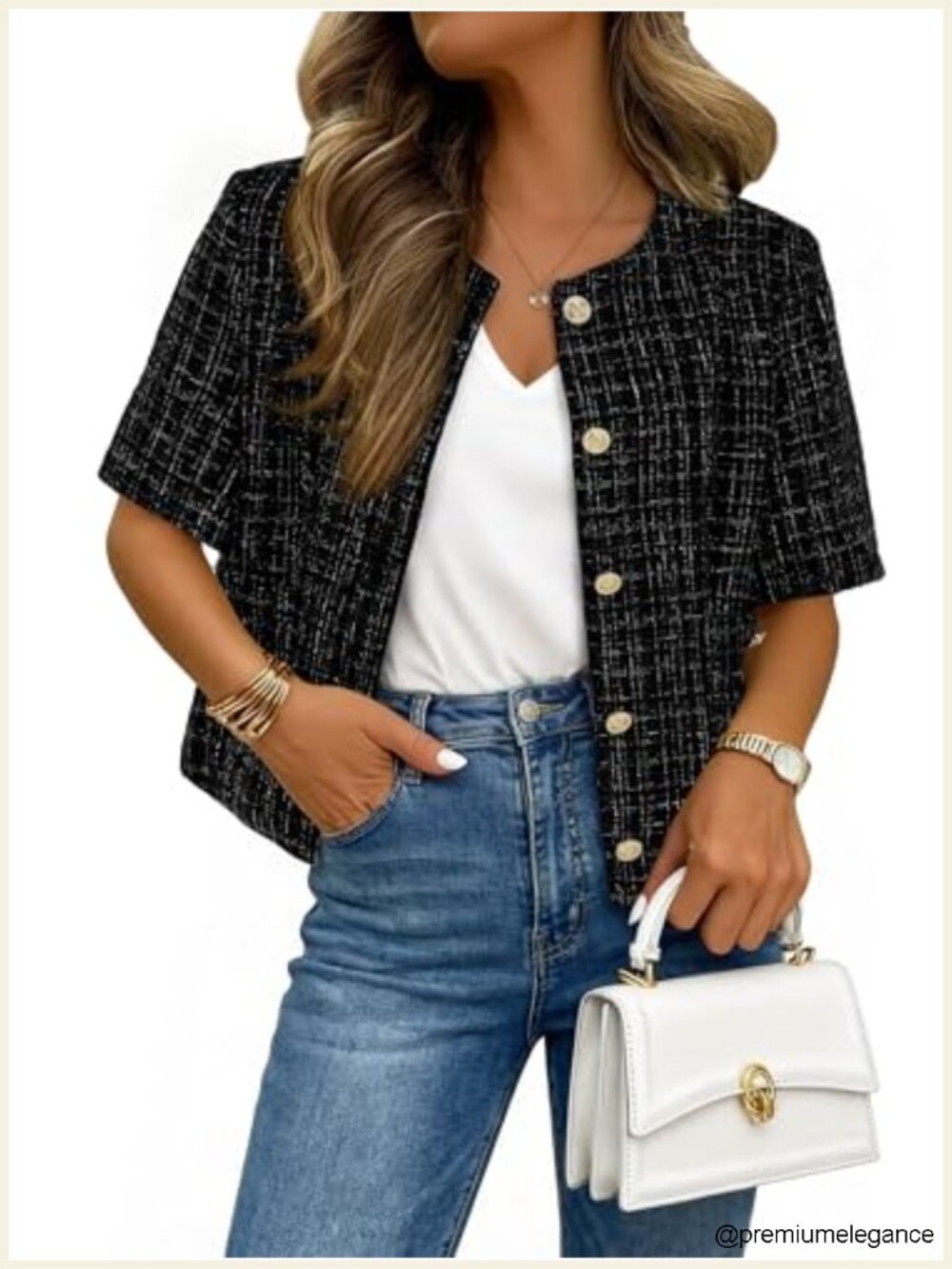 Tweed Suit Blazer Jacket Short Sleeve Fully Lined Business Casual Coat with